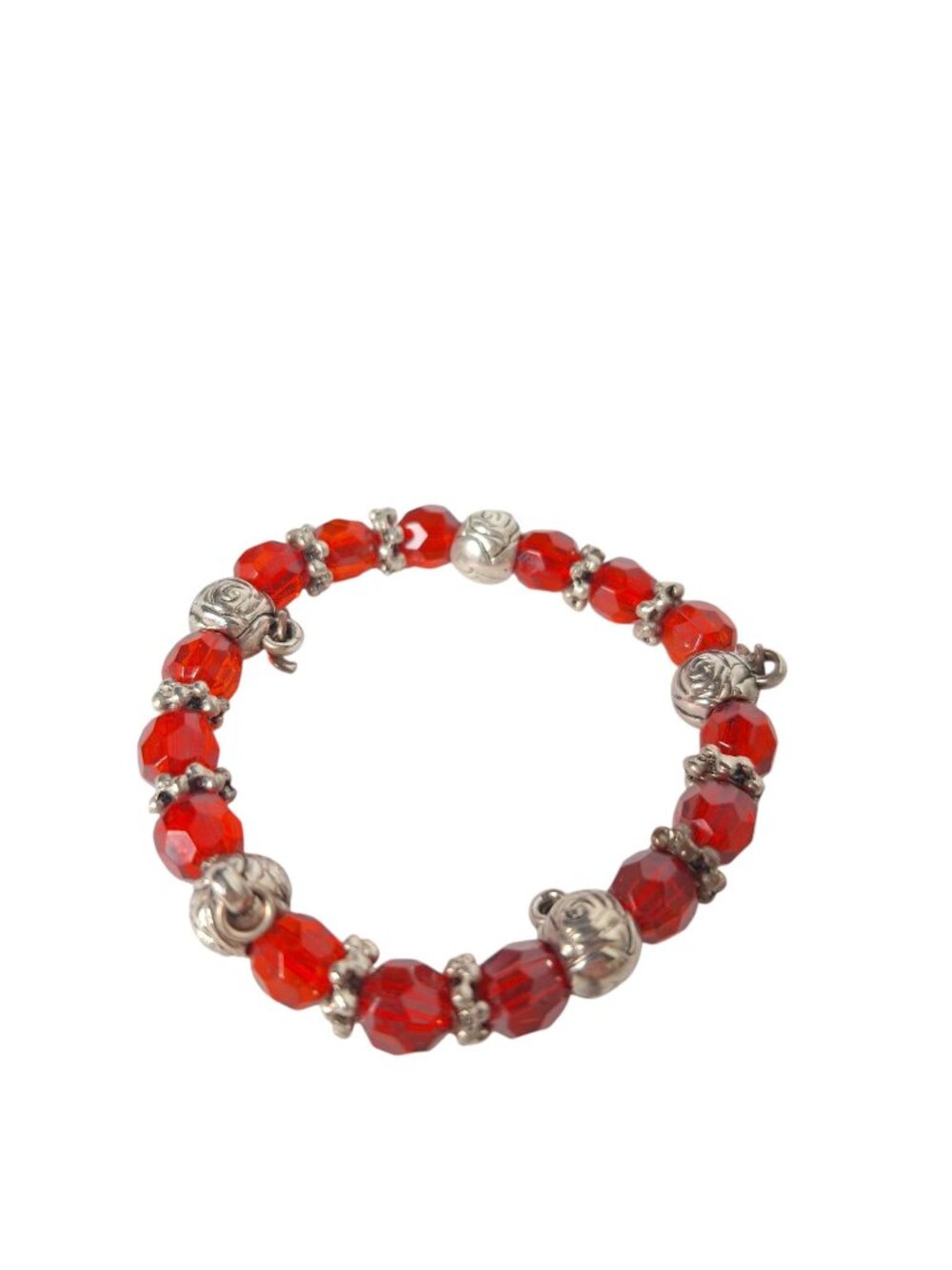 Red Crystal Beaded Wrap Bracelet Silver Rose Floral Spacer Beads Cottagecore